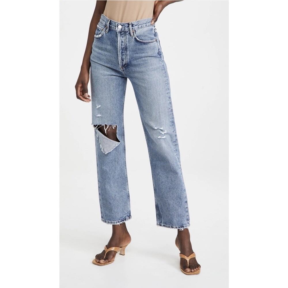 Agolde 90s‎ Pinch Waist Jeans Button Fly Distressed Lineup Medium Wash Womens 24